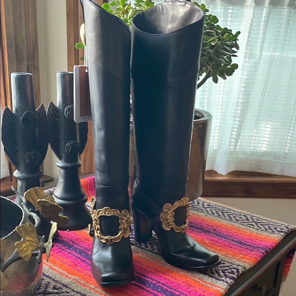 DOLCE & GABBANA VTG Black Leather Baroque Gold Pirate Riding Boots 36 6 Like New - Picture 10 of 16